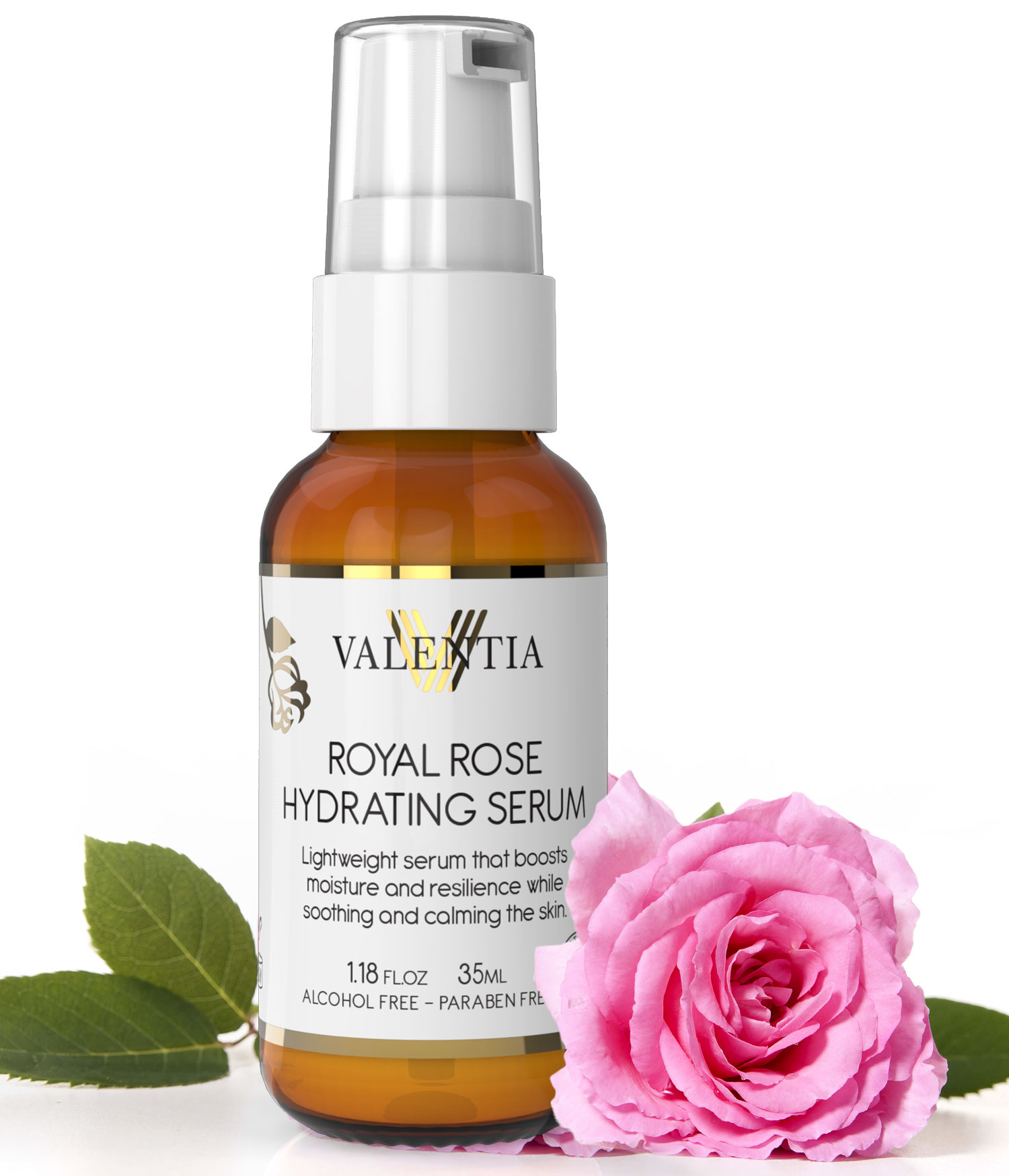 valentia royal rose hydrating serum, skin care, anti aging, no animal testing, organic makeup, company owned by women,